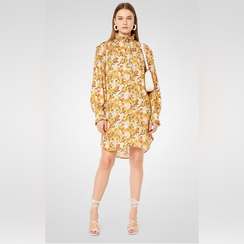 505. Sandro Floral Long-Sleeve Shift Dress in Yellow and White. NWT!